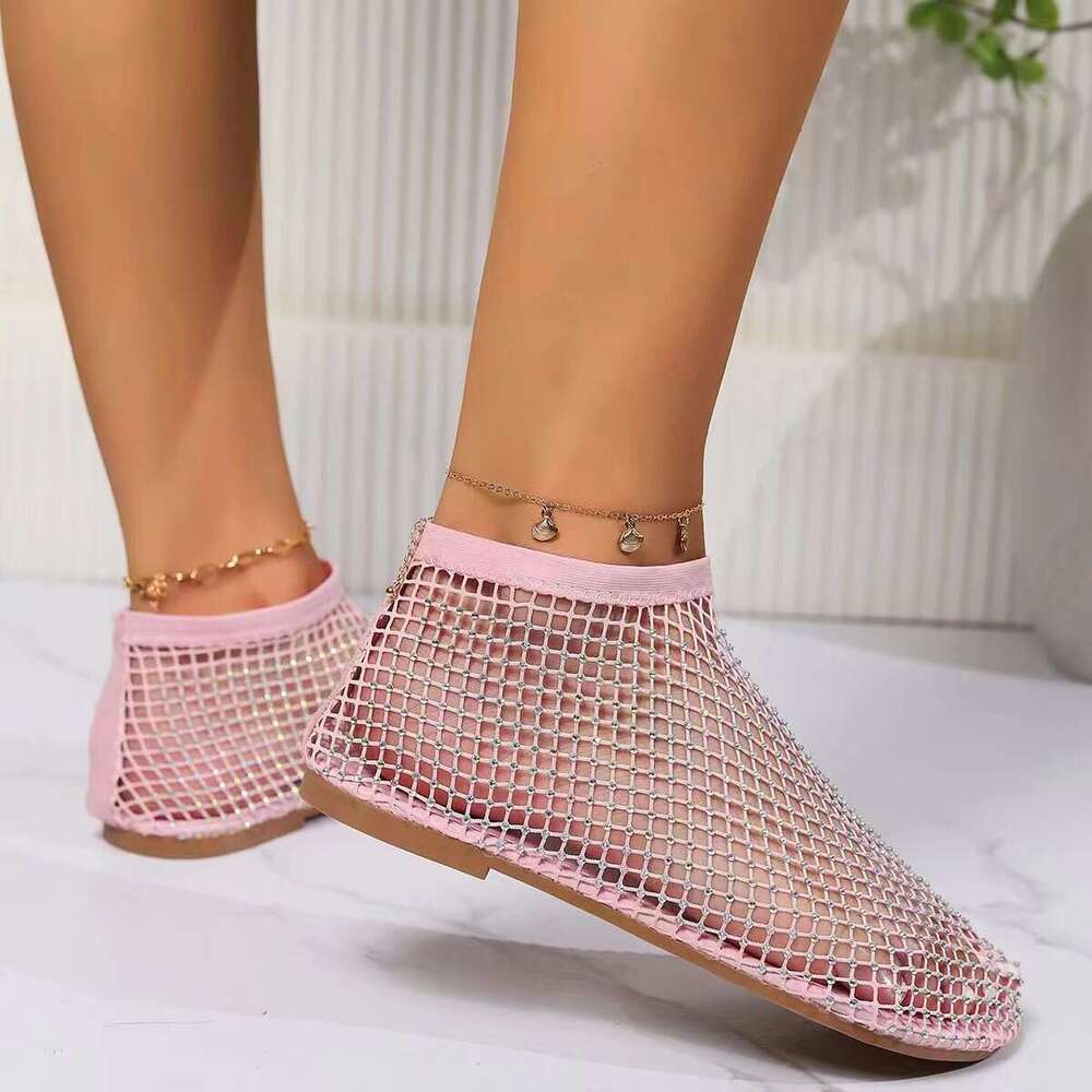 Women's Rhinestone Mesh Ankle Boots Sparkly Slip-on Flat Shoes Round-toe hollow-out rhinestone slip-on breathable mesh sandals low-top