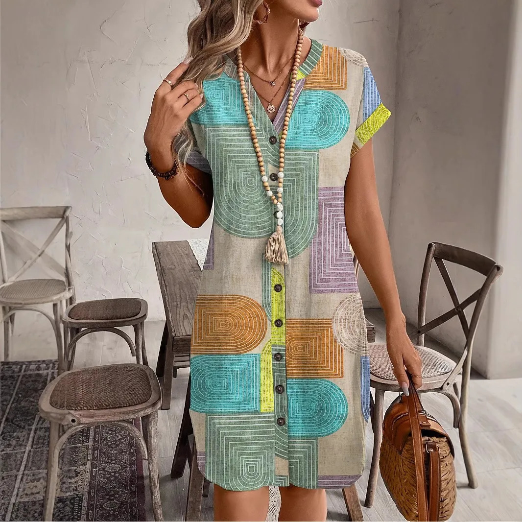 European and American womens clothing foreign trade summer geometric printing elegant V-neck button up dress 260512