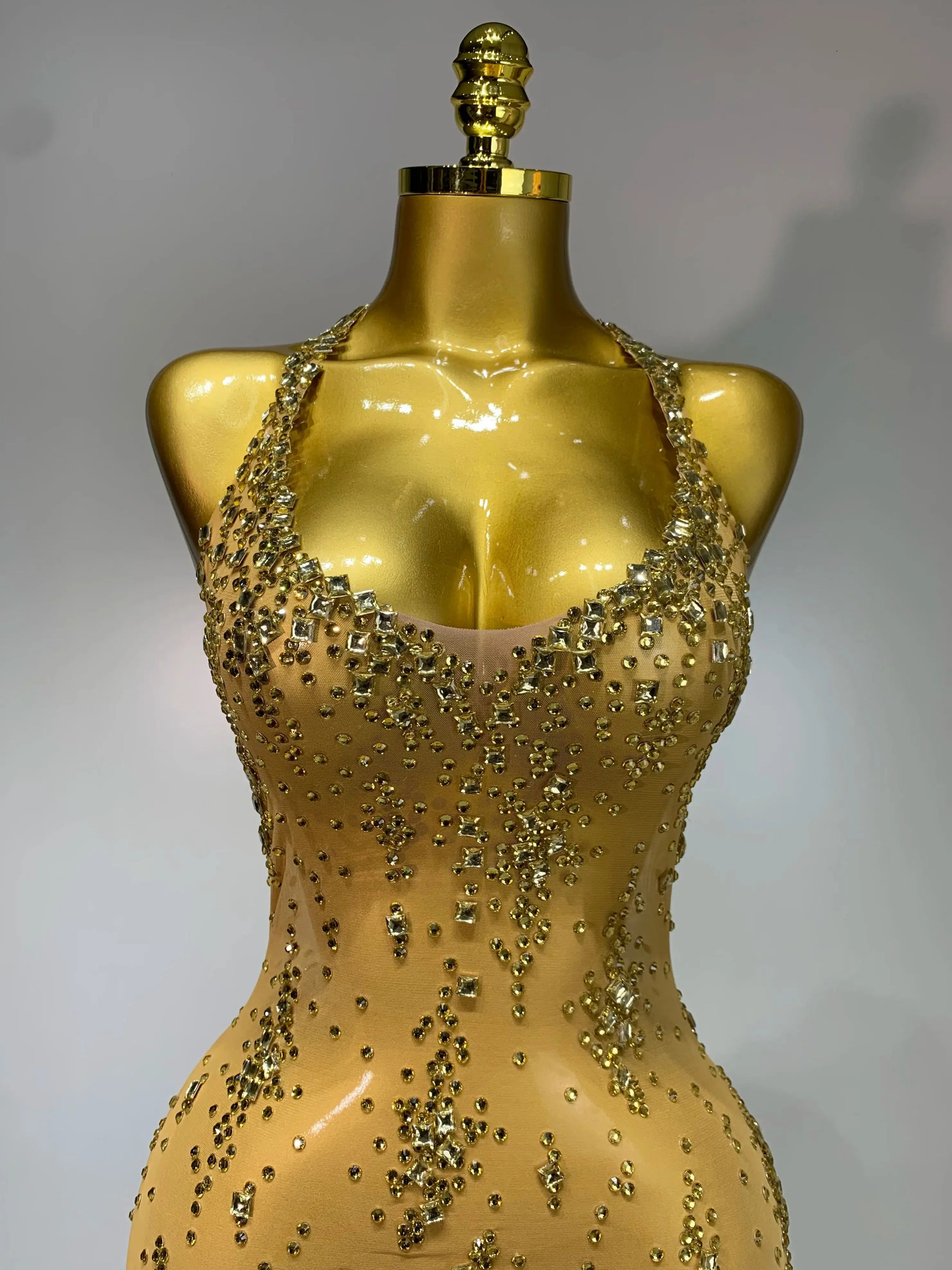 Sparkly Crystal Diamond Gold Sexy See-Through Sheath Dress Nightclub Performance Custome Stage Wear Birthday Evening Party Dress 260512 - view 5
