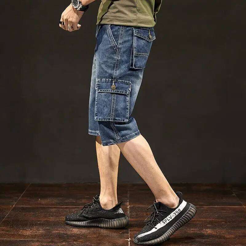 Men's Short Jeans Pants Blue Straight Cargo with Pockets Male Half Denim Shorts Cowboy Designer Stretchable Wih Zipper Stretch 26L0512