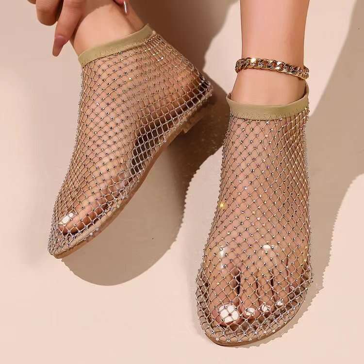 Women's Rhinestone Mesh Ankle Boots Sparkly Slip-on Flat Shoes Round-toe hollow-out rhinestone slip-on breathable mesh sandals low-top