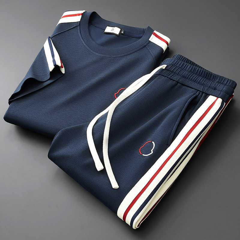 Men's Tracksuits Side Stripe Casual Sports Sweater Suit Four Seans Knitted Sweatpants Two-Piece Trendy Set Pants + short sleeves T shirts