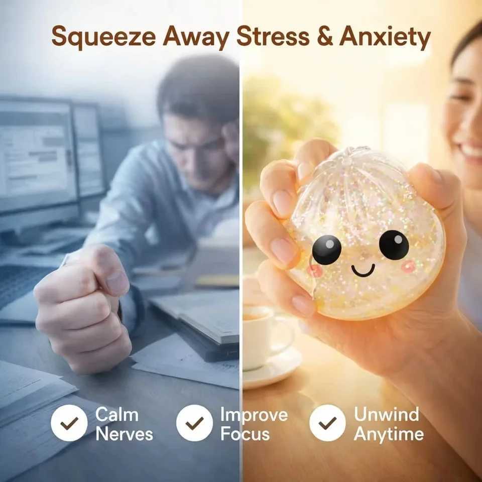 Steamed Bun Squeeze Toy Simulation Bao Stress Relief Fidget Toy with Beads Sparkles Soft Squishy Sensory Decompression Accessory Z2605121