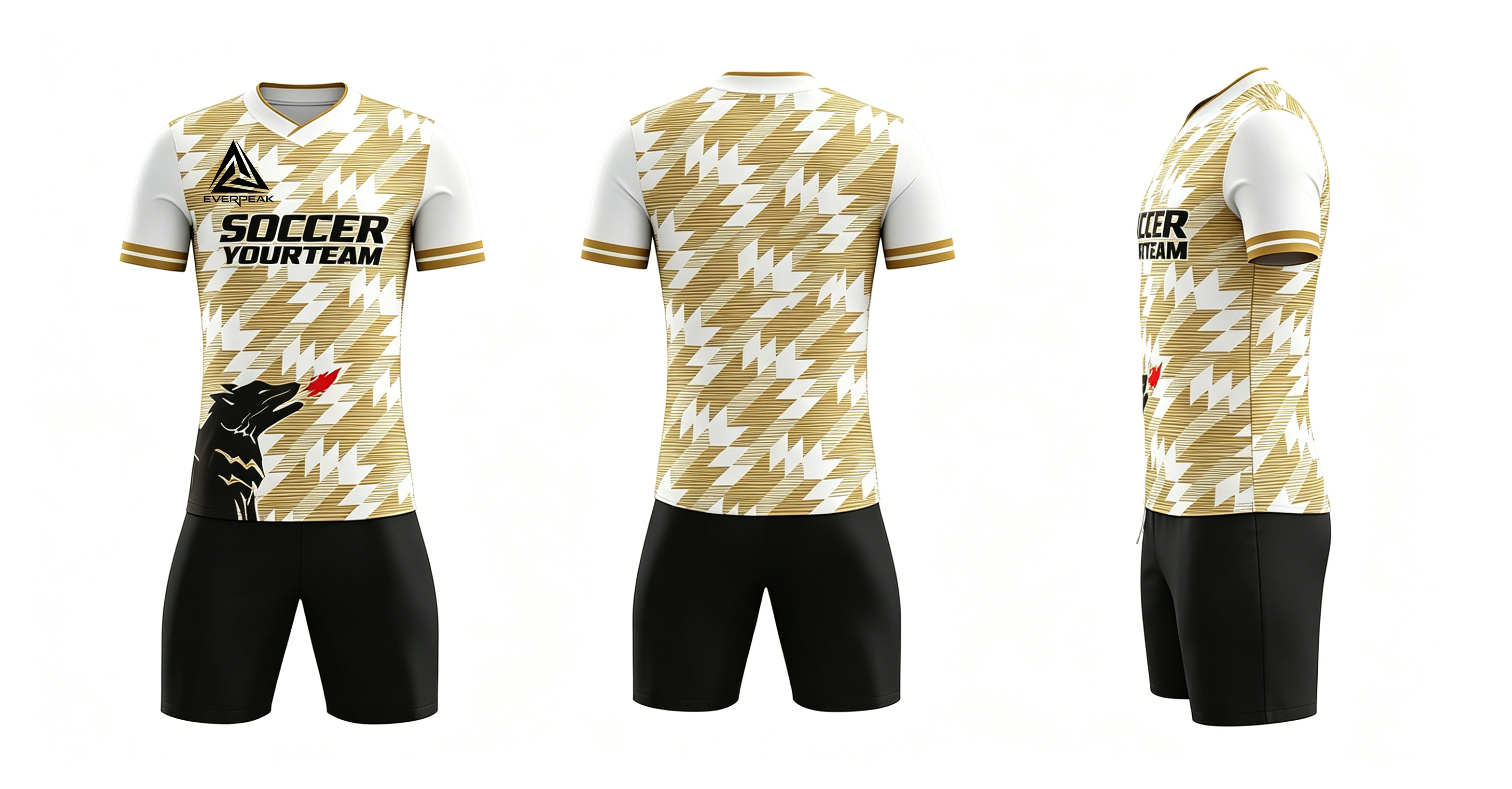 Custom Soccer Jersey Set Men Gold White Diagonal Wolf Football Uniform with Shorts Personalized Name Number Breathable Quick Dry Kit - view 7