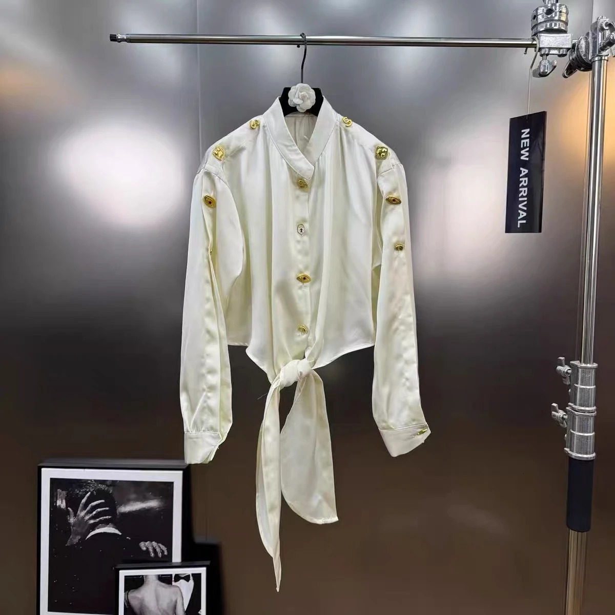 French y Metal Buckle Shirt Women Spring Solid Color Satin Shirt Retro y2k Asymmetrical Buttons Top Elegant Lace Up Blouse 260509