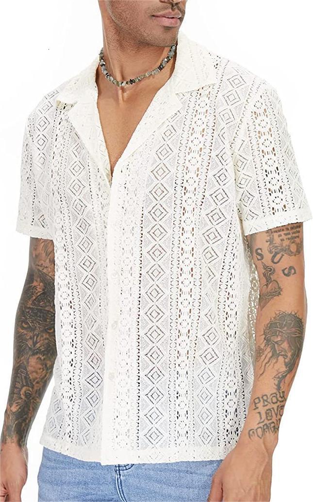 Fashionable Jacquard Lace Mesh Shirt For Men Summer Beach Sexy Hollow Out See Through Shirts Vintage Mens Short Sleeve Cardigans 250224