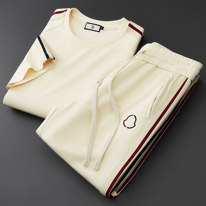 Men's Tracksuits Side Stripe Casual Sports Sweater Suit Four Seans Knitted Sweatpants Two-Piece Trendy Set Pants + short sleeves T shirts