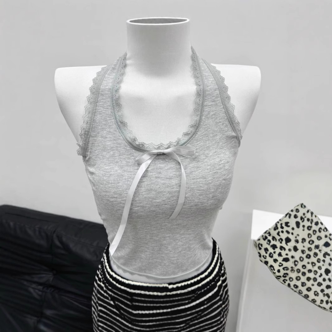 Y2K Vintage Lace Trim Crop Tops Womens Halter Vest Lace Trim Front Bowknot V-Neck Vest Backless Cropped Camisole 240812