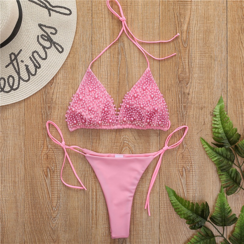 White Pearl Bikini 2026 Mujer Sexy Backless Lace-up Swimsuit Pink Micro Mini Beach Swimwear Women 2 Pieces Thong Bikini Sets