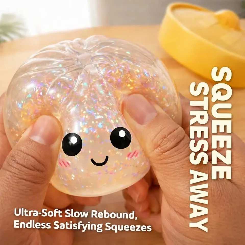 Steamed Bun Squeeze Toy Simulation Bao Stress Relief Fidget Toy with Beads Sparkles Soft Squishy Sensory Decompression Accessory Z2605121