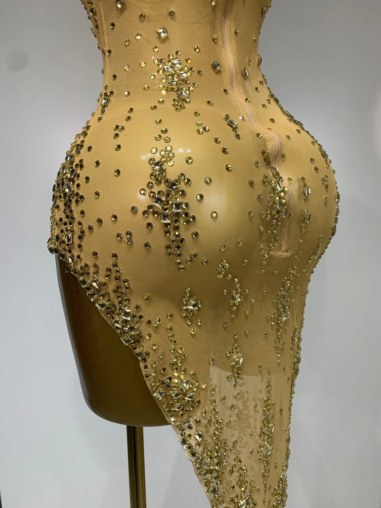 Sparkly Crystal Diamond Gold Sexy See-Through Sheath Dress Nightclub Performance Custome Stage Wear Birthday Evening Party Dress 260512 - view 7