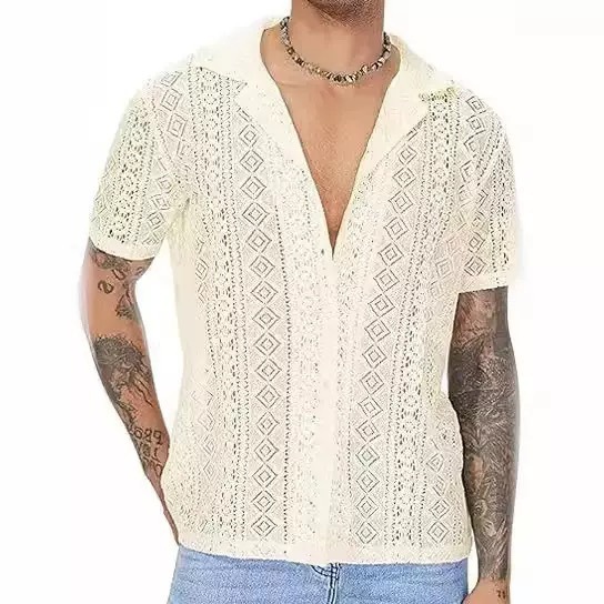 Fashionable Jacquard Lace Mesh Shirt For Men Summer Beach Sexy Hollow Out See Through Shirts Vintage Mens Short Sleeve Cardigans 250224