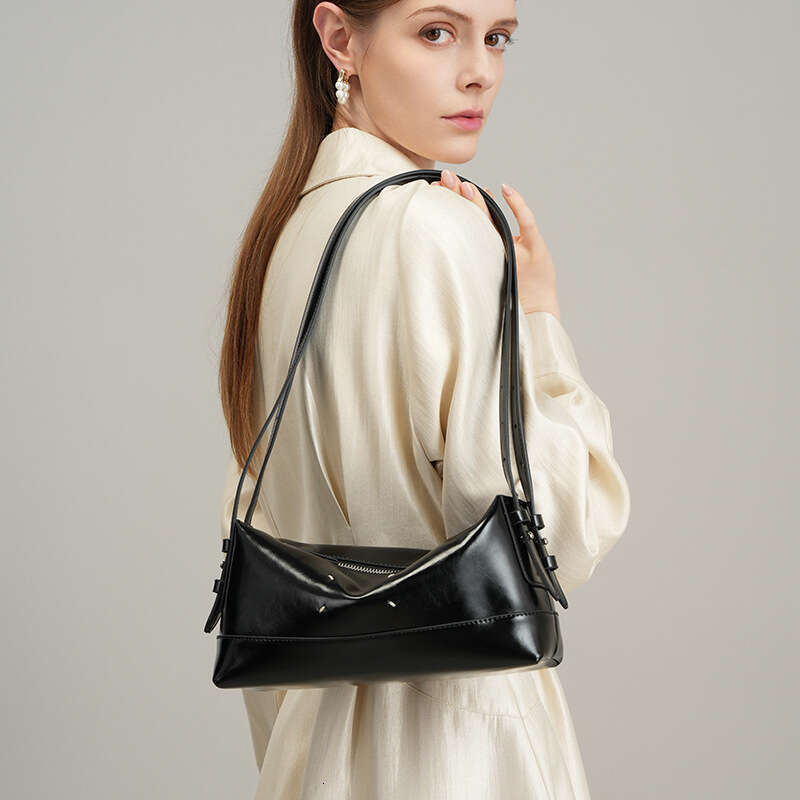 High End Niche Black Genuine Leather Underarm Baguette Bag Unique Design Daily Commuter Shoulder Crossbody Stylish Ladies Handbag SENYY