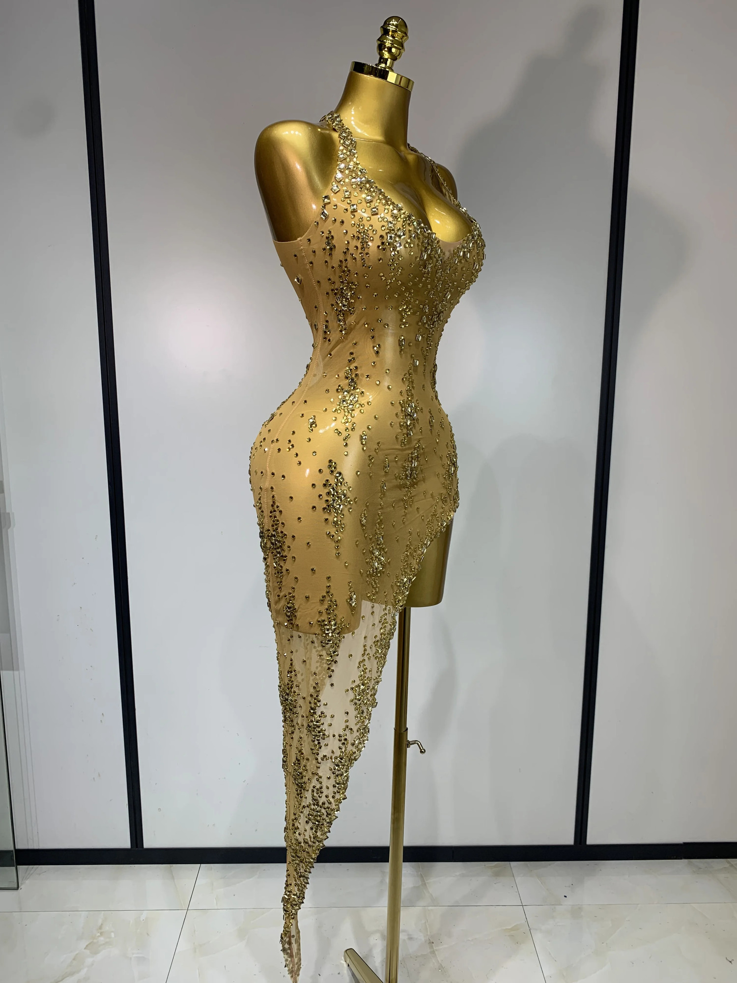 Sparkly Crystal Diamond Gold Sexy See-Through Sheath Dress Nightclub Performance Custome Stage Wear Birthday Evening Party Dress 260512 - view 3