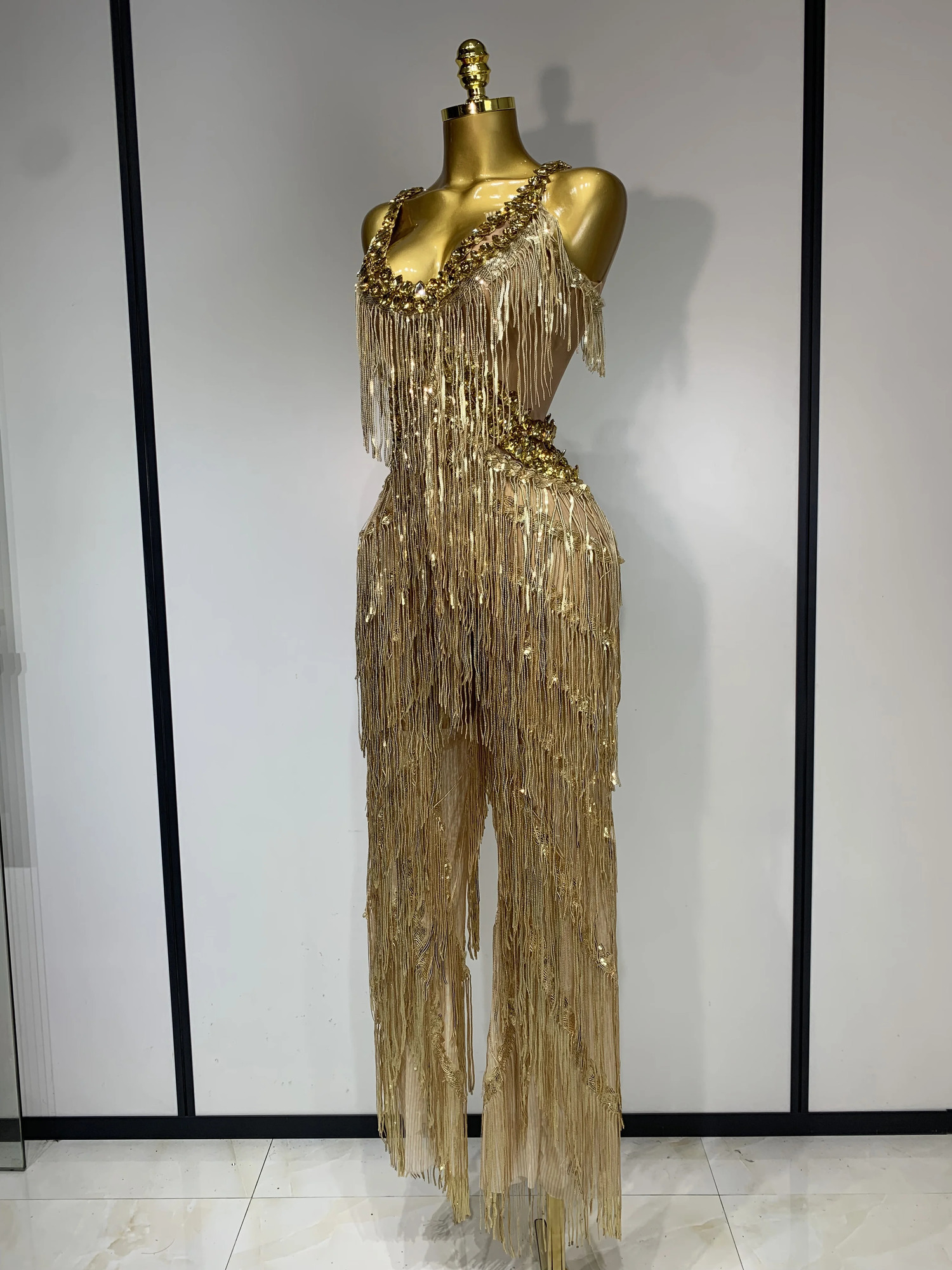 Women Sparkly Glod Rhinestones Sequined Fringe jumpsuit Sexy Nightclub Party Birthday Outfit Show Singer Stage Perform Costume 260512 - view 3