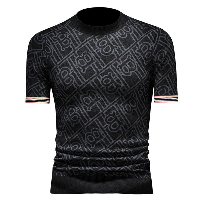 European Brand Men's Jacquard Short Wool Knit Pullover Half Sleeve Base Shirt 2026 Autumn Winter New Trend