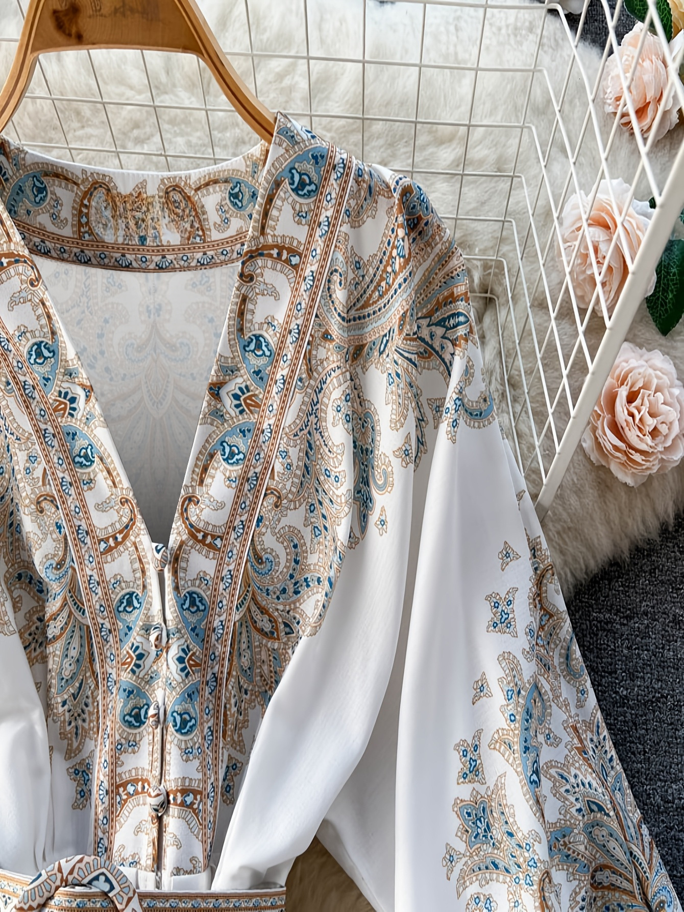Summer Retro Paisley Print Long Dresses Womens V Neck Short Puff Sleeve Vintage Bandage Lace Up Boho Robe Vestidos Clothes 6269 240808