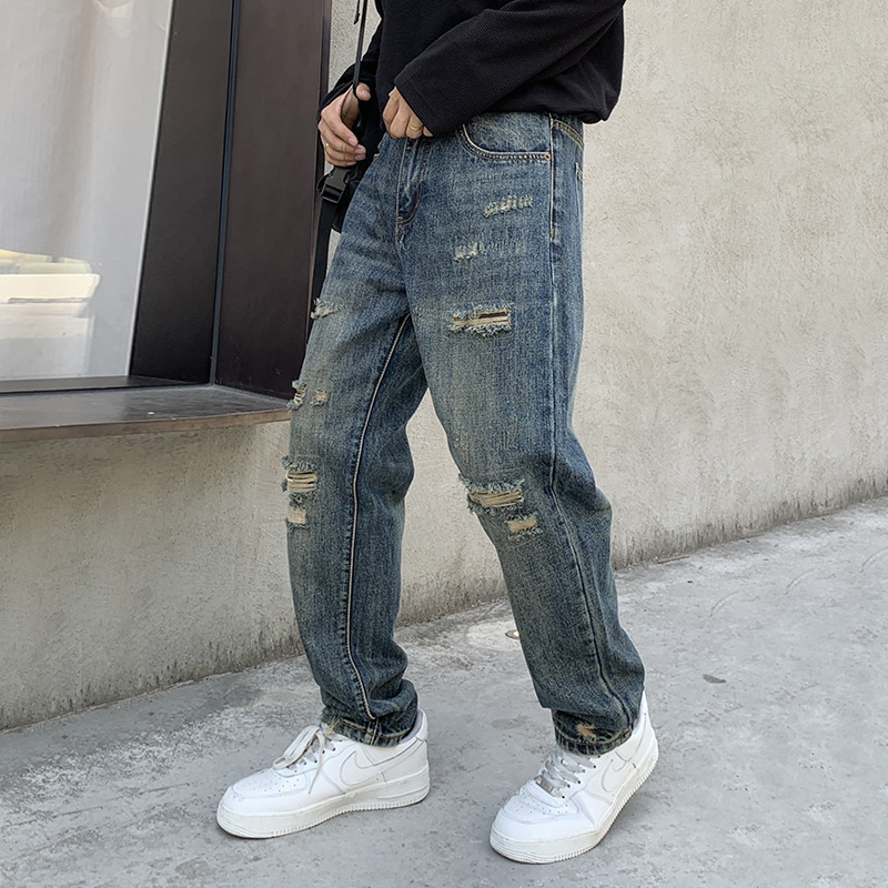 American Streetwear Ripped Jeans For MenS Clothing Japanese Harajuku Casual Baggy Jeans Hip Hop Beggar Denim Straight Pants 240821