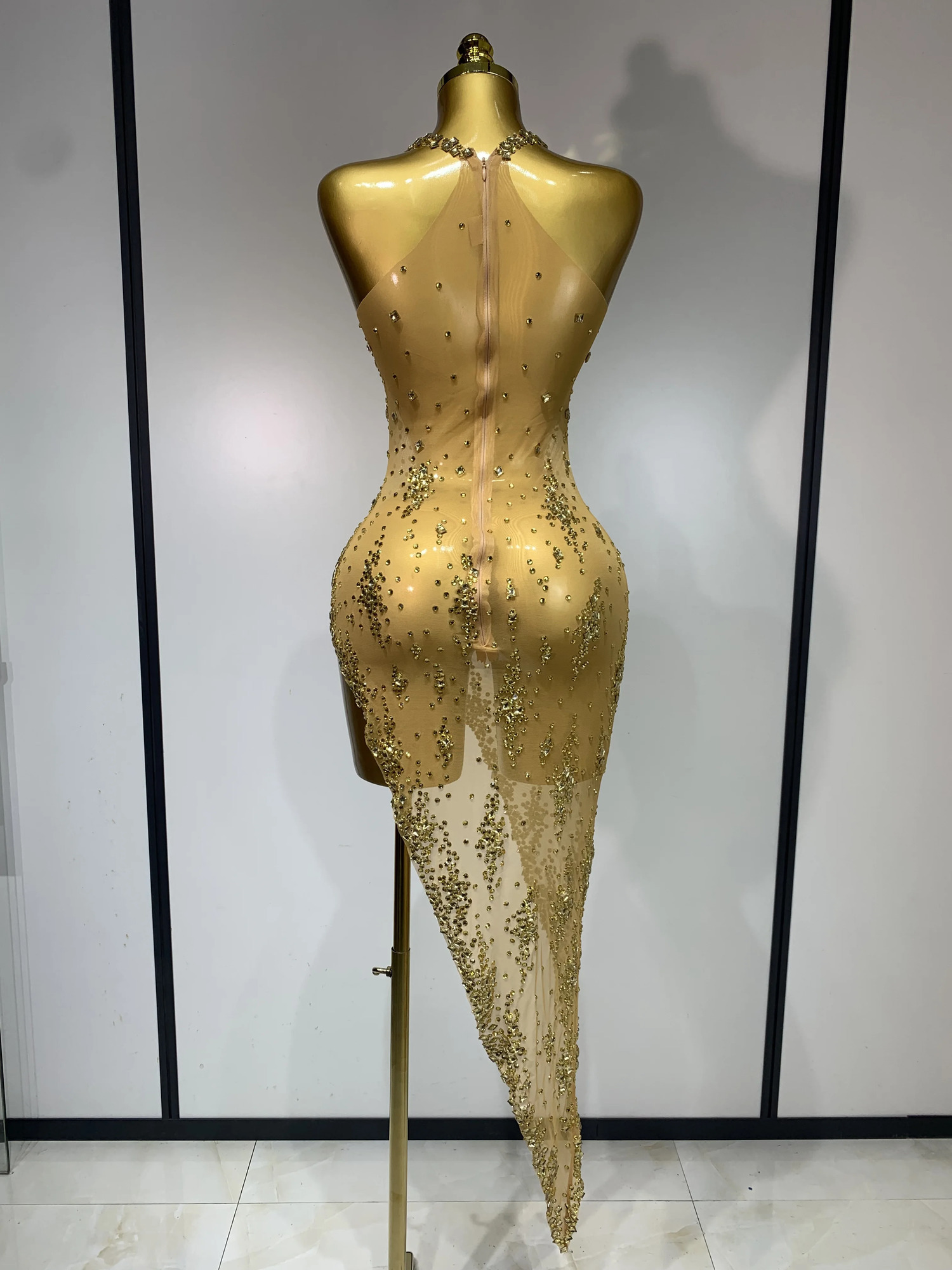 Sparkly Crystal Diamond Gold Sexy See-Through Sheath Dress Nightclub Performance Custome Stage Wear Birthday Evening Party Dress 260512 - view 4