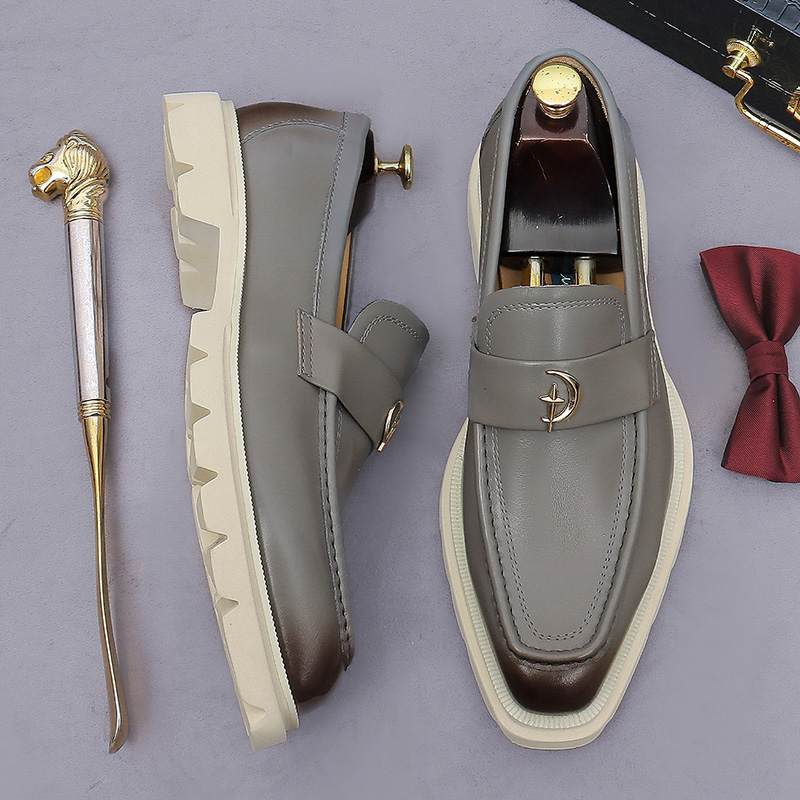 Men's Beige Leather Loafers Platform Thick Sole Slip-On Dress Shoes Moon Star Metal Buckle Casual Business Footwear - view 4
