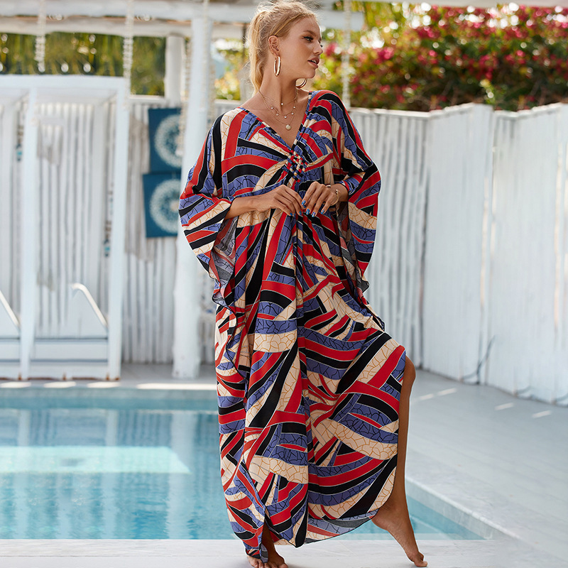 V-neck long sleeved dress with large hem bohemian floral print pleated decorative pocket dress 240827