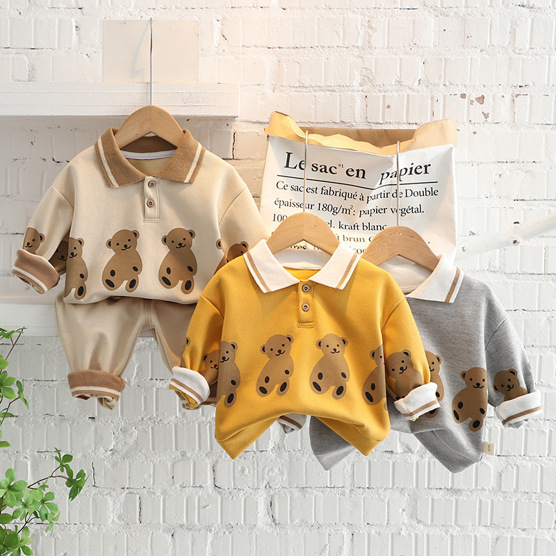 Childrens Outfit 2026 Spring New Childrens Sweatshirt Two-Piece Set Cartoon Turn-Down Collar Boys Autumn Outfit Girls Outfit220212