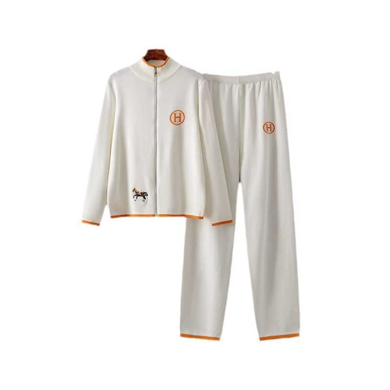 New Creative Horse Embroidery Color Block Long Sleeve Jacket Casual Knit Pants Two Piece Set