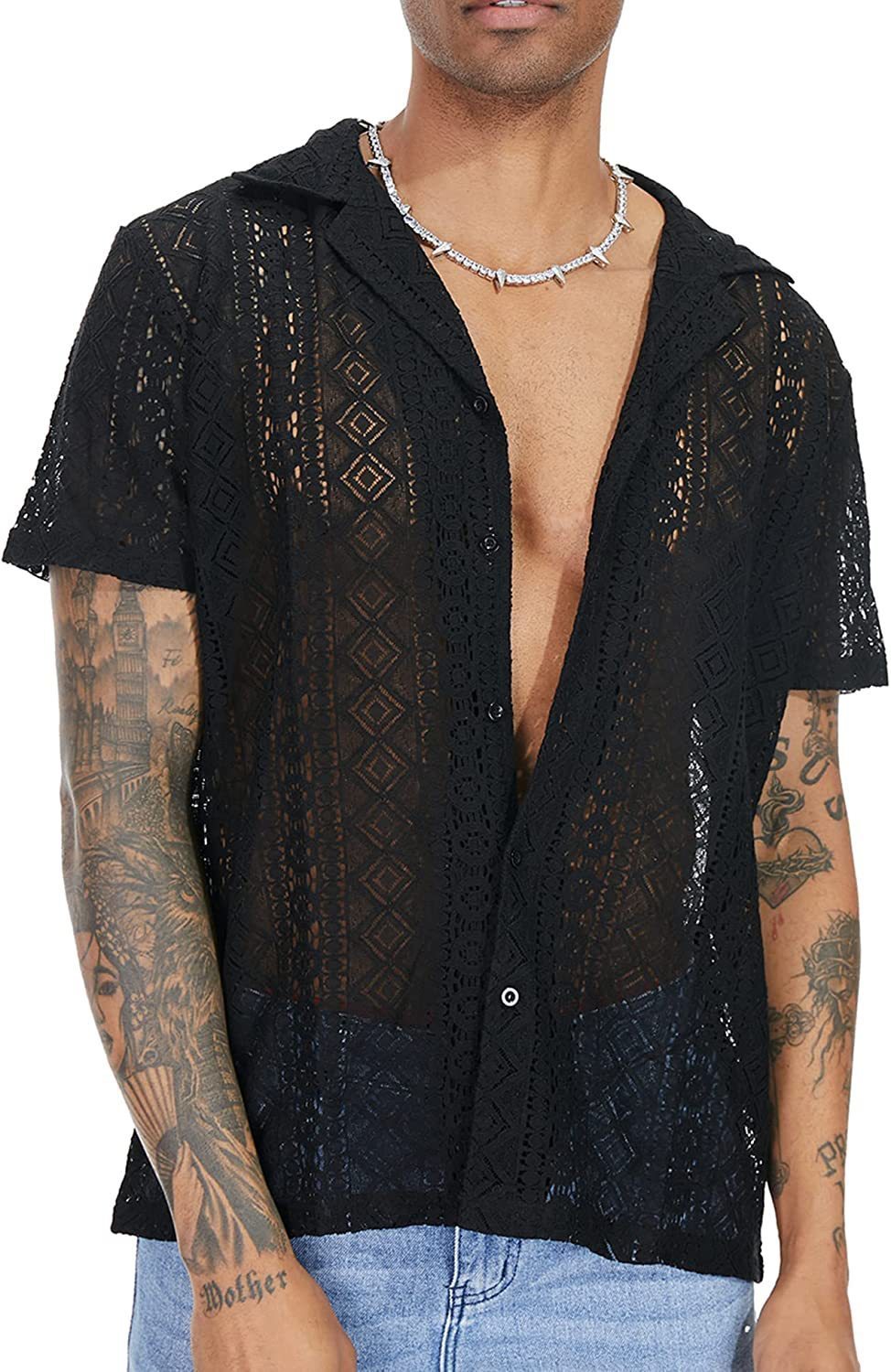 Fashionable Jacquard Lace Mesh Shirt For Men Summer Beach Sexy Hollow Out See Through Shirts Vintage Mens Short Sleeve Cardigans 250224
