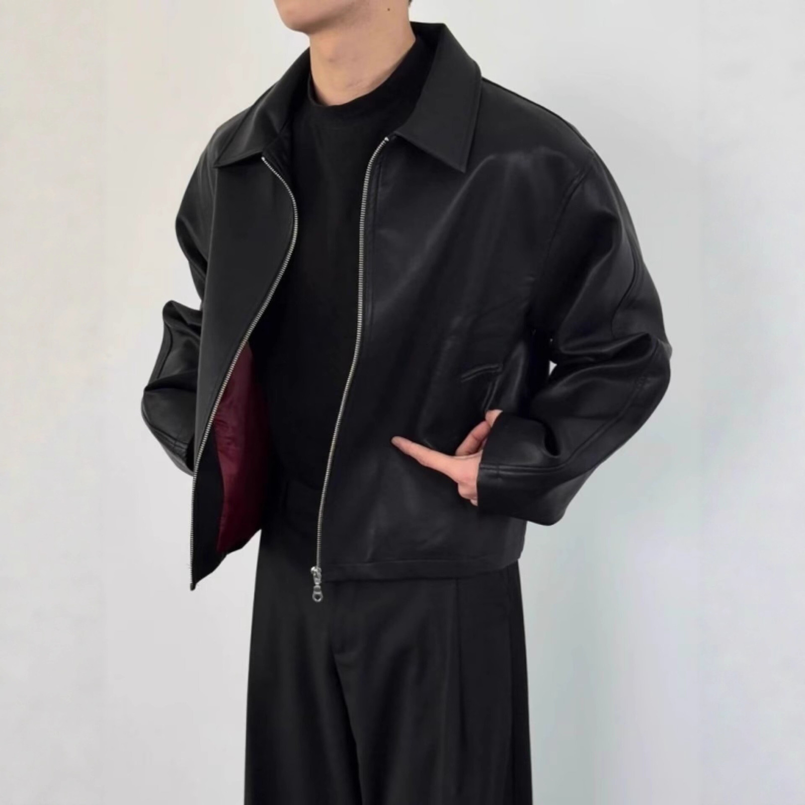 American high street vibe style simple black cool leather jacket for men trendy loosefitting top with a turndown collar and zipper 250109