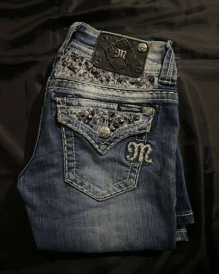 Streetwear Y2k Clothes Womens Vintage Pocket Sequin Washed Blue Baggy Jeans Mid Rise Slim Fit Trousers