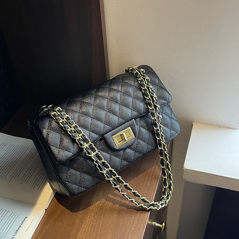 designer luxury Lingge women's bag 2026 new chain crossbody long square flip lock bag premium texture bag Easy to match