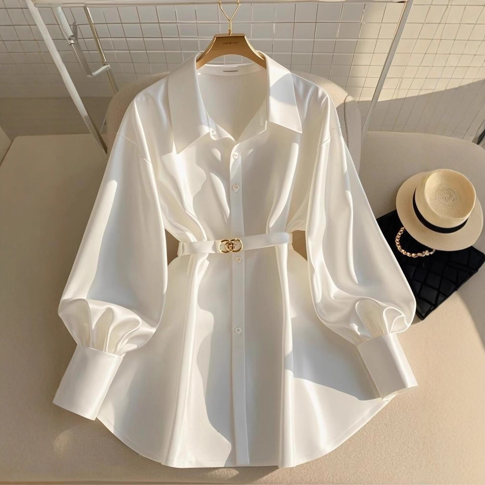 Designer 2026 Luxury Autumn New French Style Elegant Waist-cinching Top For Slightly Plump Women, Light Luxury High-end White Long-sleeve Shirt Free S
