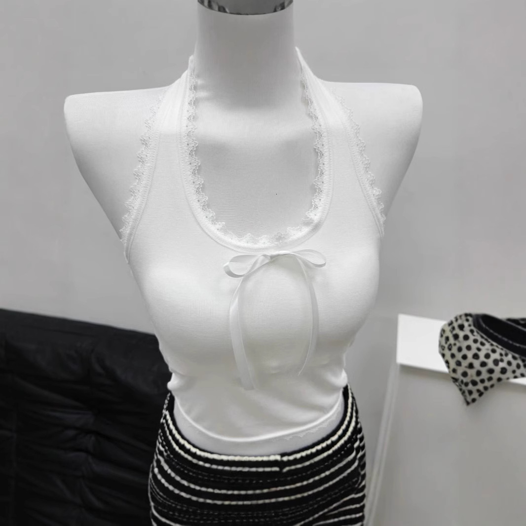 Y2K Vintage Lace Trim Crop Tops Womens Halter Vest Lace Trim Front Bowknot V-Neck Vest Backless Cropped Camisole 240812