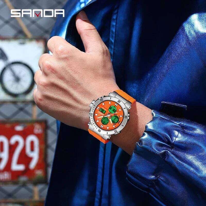 SANDA Chic Sport Men's Watch Orange Silicone Strap Luxury Waterproof Chronograph Quartz Wristwatches Digital Date and Week Clock 26Y0512