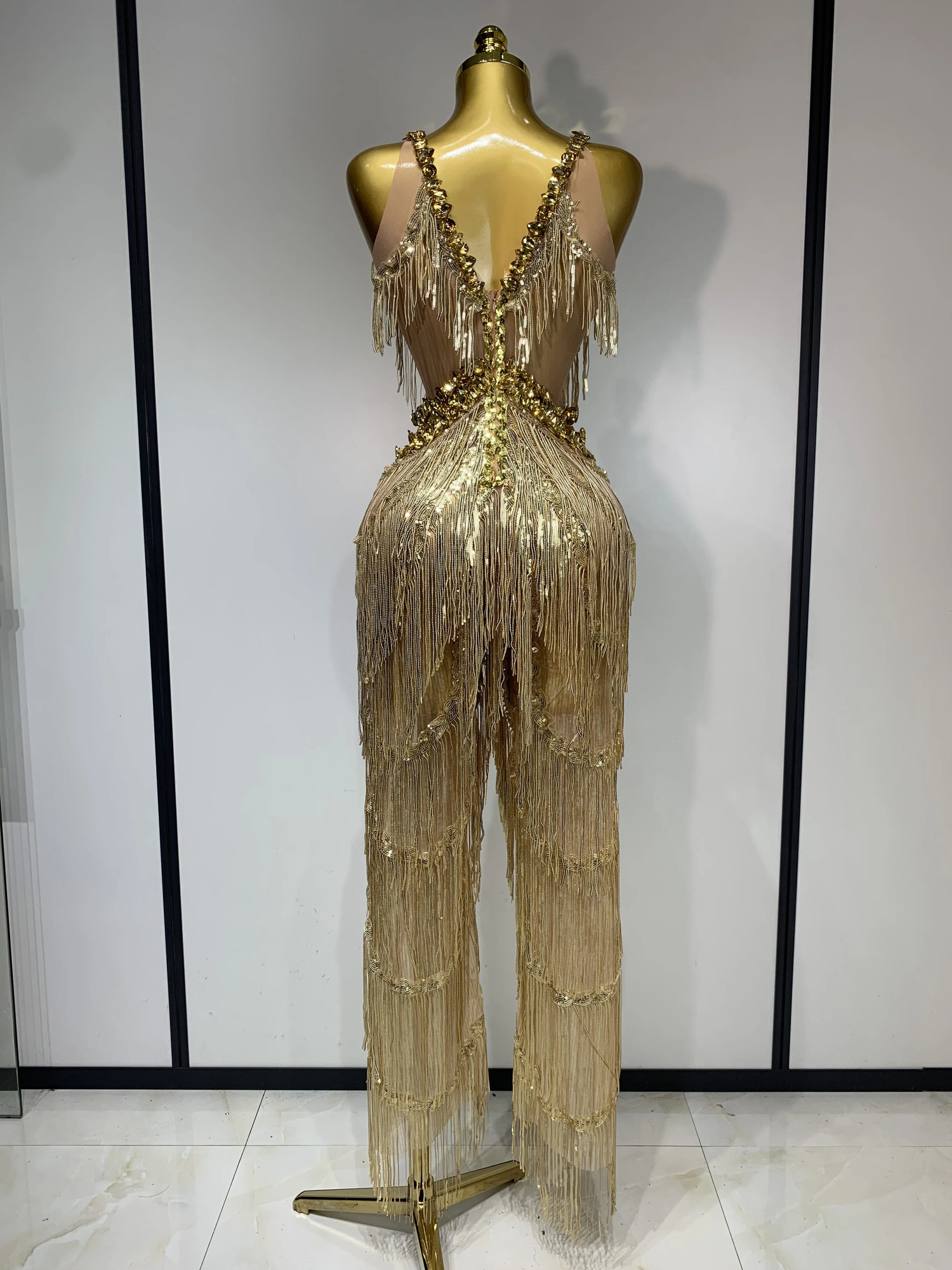 Women Sparkly Glod Rhinestones Sequined Fringe jumpsuit Sexy Nightclub Party Birthday Outfit Show Singer Stage Perform Costume 260512 - view 5