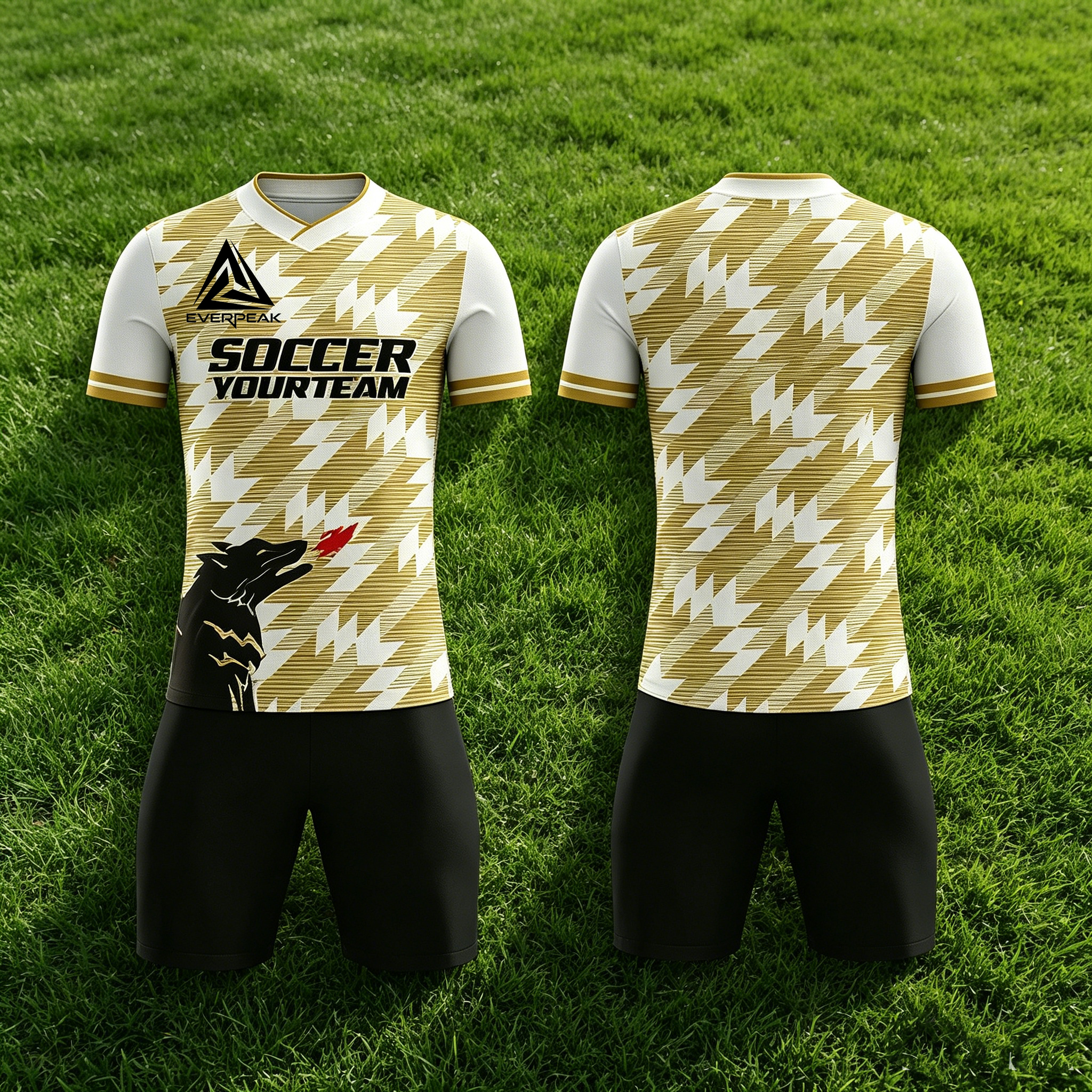 Custom Soccer Jersey Set Men Gold White Diagonal Wolf Football Uniform with Shorts Personalized Name Number Breathable Quick Dry Kit - view 4