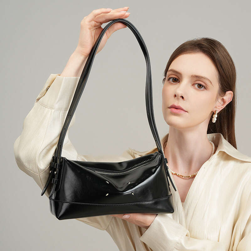 High End Niche Black Genuine Leather Underarm Baguette Bag Unique Design Daily Commuter Shoulder Crossbody Stylish Ladies Handbag SENYY
