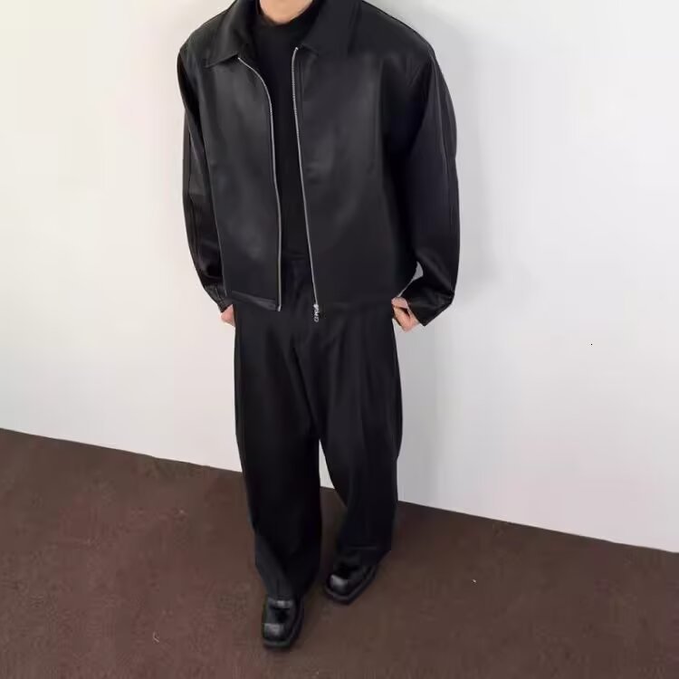 American high street vibe style simple black cool leather jacket for men trendy loosefitting top with a turndown collar and zipper 250109