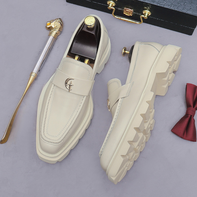 Men's Beige Leather Loafers Platform Thick Sole Slip-On Dress Shoes Moon Star Metal Buckle Casual Business Footwear - view 7