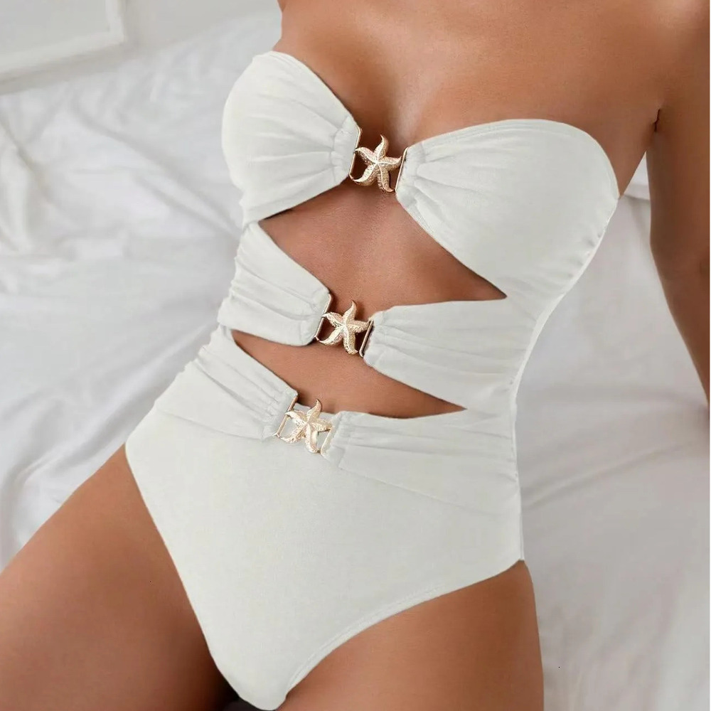 Swimwear Designer Woman Women's Black Beach Wear Strapless One Piece Swimsuit With Starfish Buckle Cutout Bathing Suit