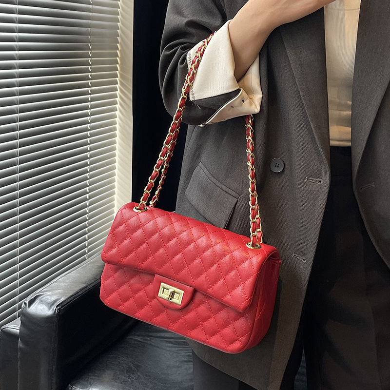 designer luxury Lingge women's bag 2026 new chain crossbody long square flip lock bag premium texture bag Easy to match
