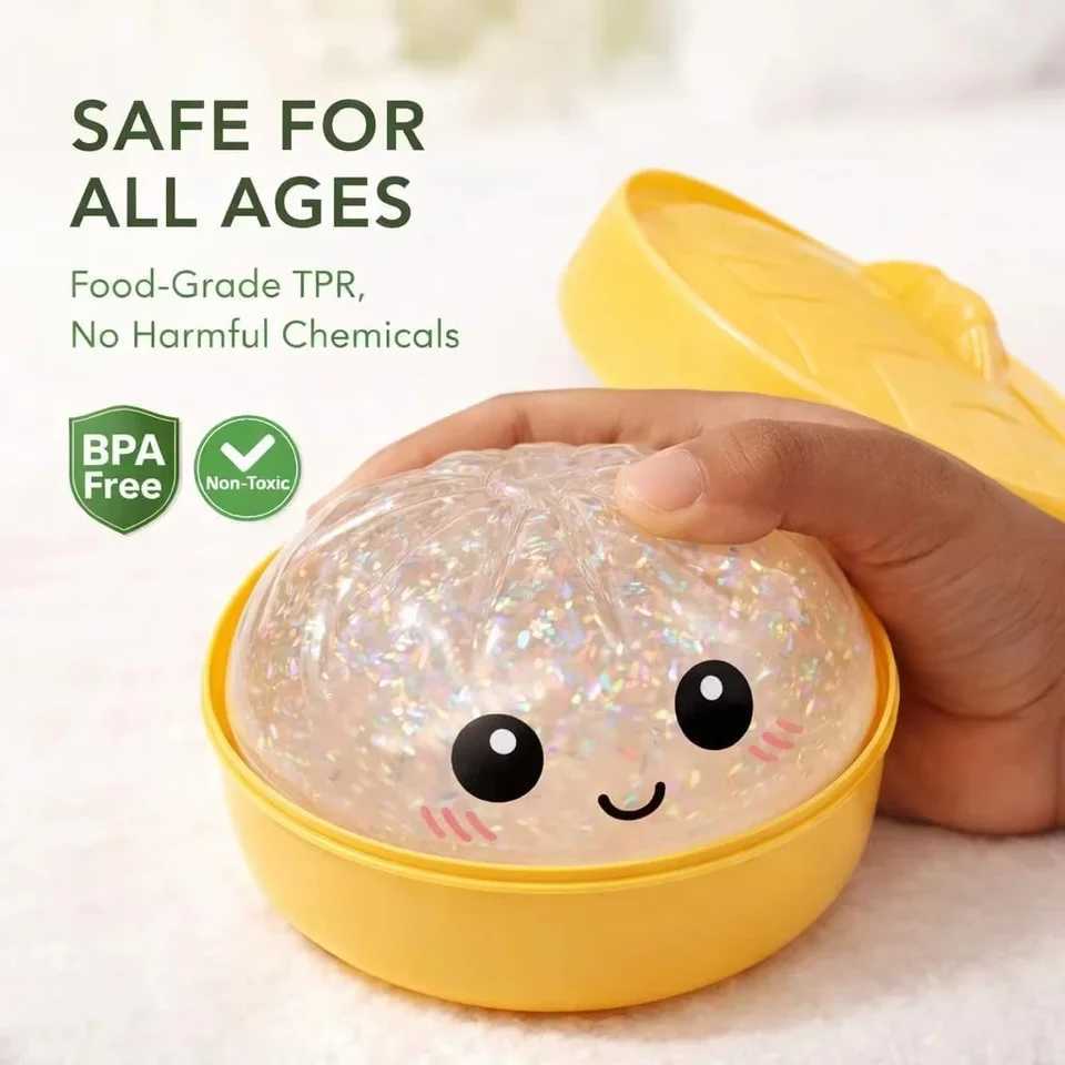 Steamed Bun Squeeze Toy Simulation Bao Stress Relief Fidget Toy with Beads Sparkles Soft Squishy Sensory Decompression Accessory Z2605121