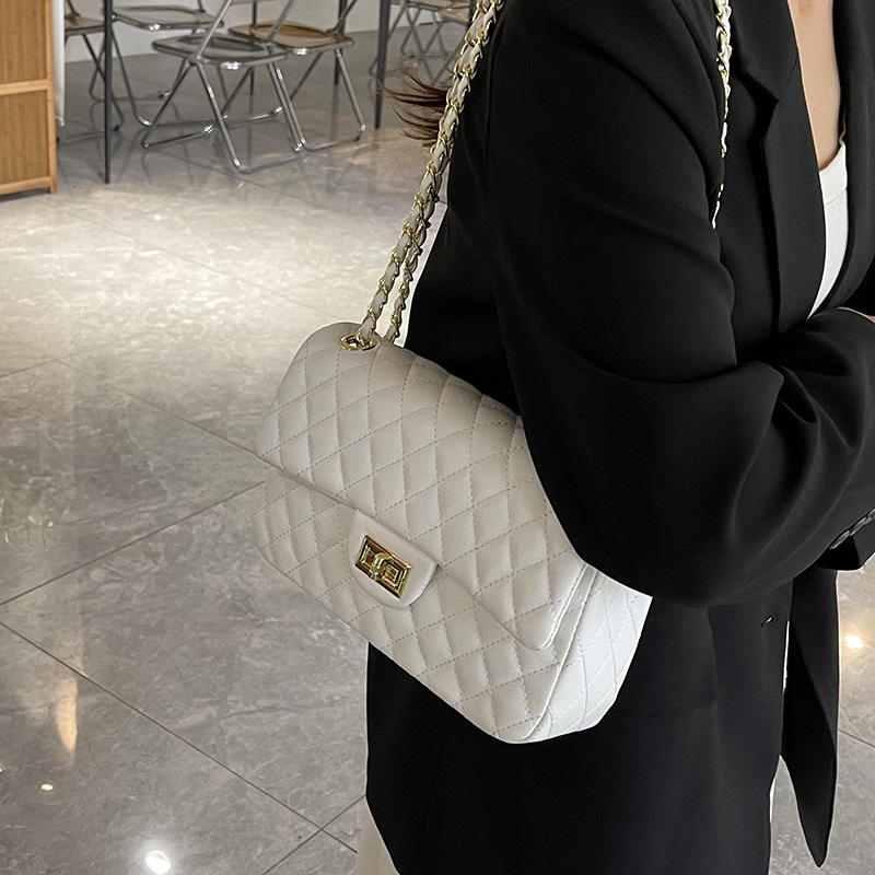 designer luxury Lingge women's bag 2026 new chain crossbody long square flip lock bag premium texture bag Easy to match