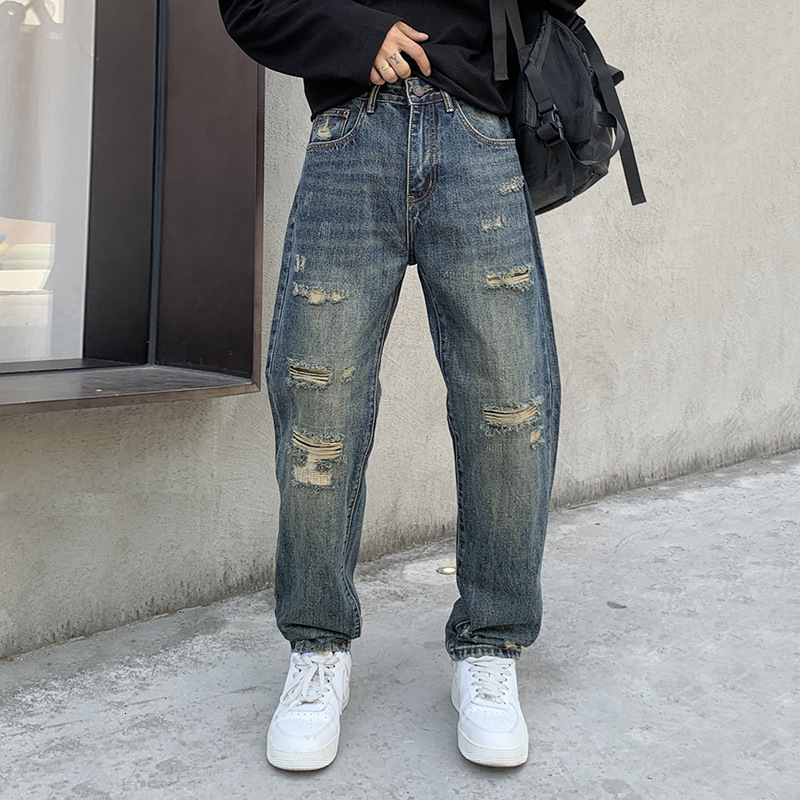 American Streetwear Ripped Jeans For MenS Clothing Japanese Harajuku Casual Baggy Jeans Hip Hop Beggar Denim Straight Pants 240821
