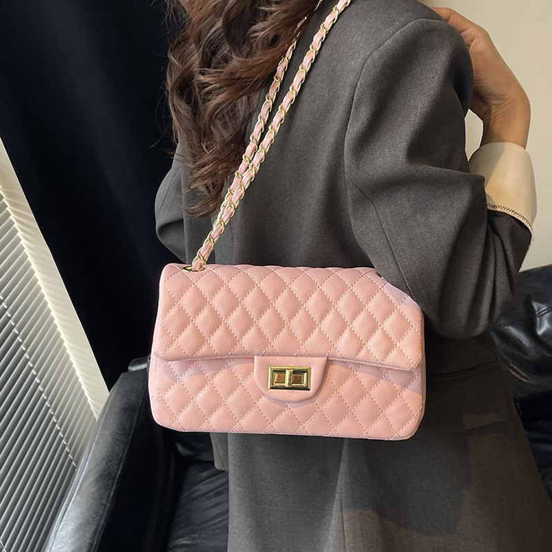 designer luxury Lingge women's bag 2026 new chain crossbody long square flip lock bag premium texture bag Easy to match