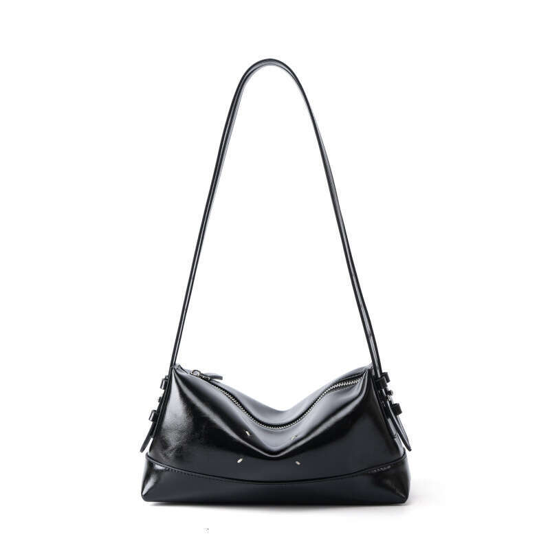 High End Niche Black Genuine Leather Underarm Baguette Bag Unique Design Daily Commuter Shoulder Crossbody Stylish Ladies Handbag SENYY