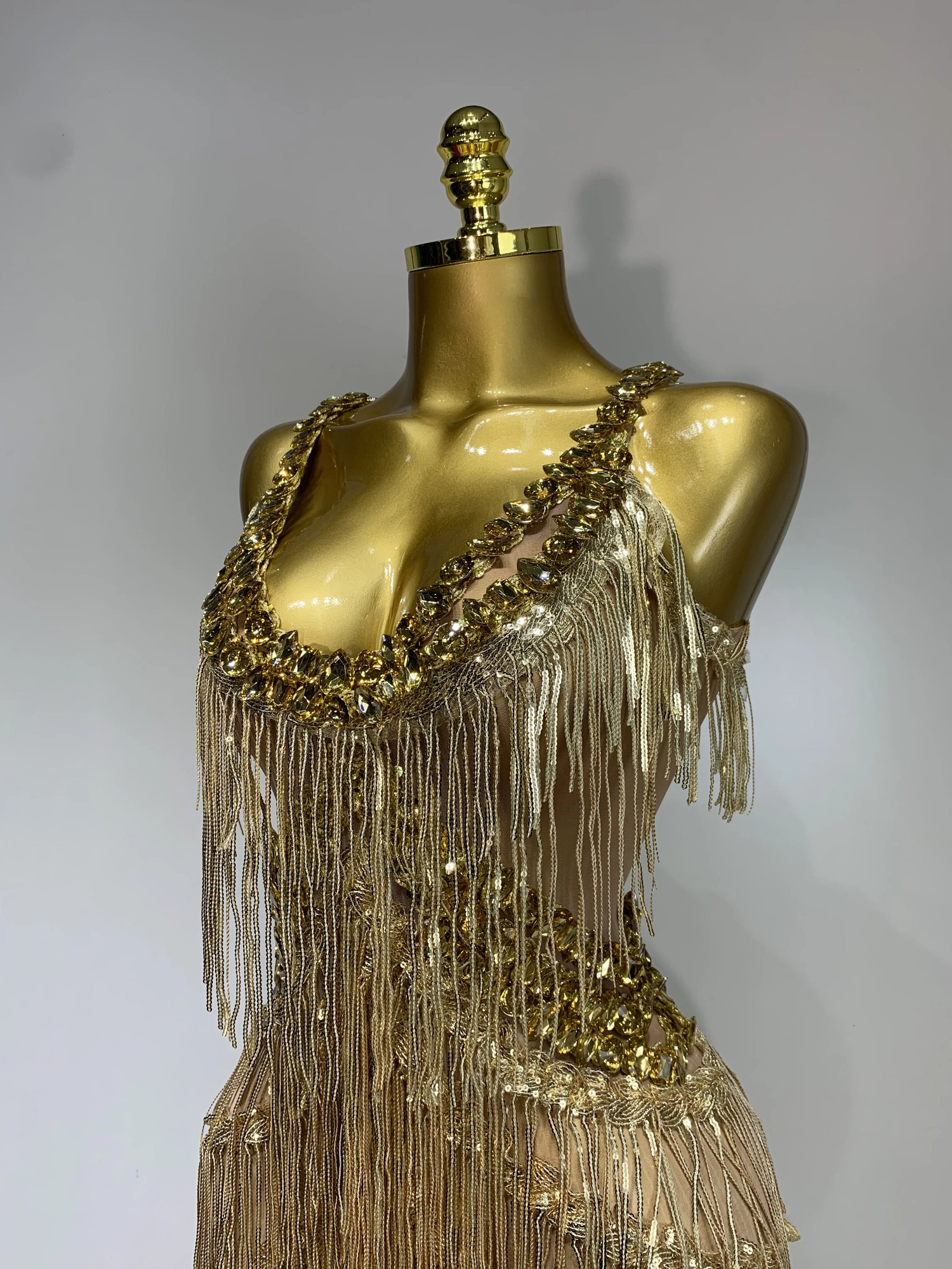 Women Sparkly Glod Rhinestones Sequined Fringe jumpsuit Sexy Nightclub Party Birthday Outfit Show Singer Stage Perform Costume 260512 - view 6