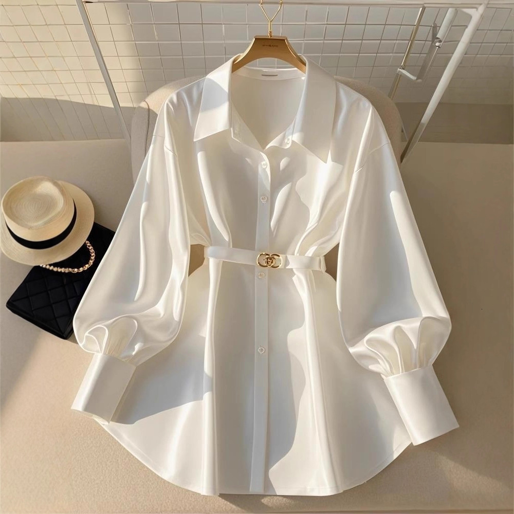 Designer 2026 Luxury Autumn New French Style Elegant Waist-cinching Top For Slightly Plump Women, Light Luxury High-end White Long-sleeve Shirt Free S