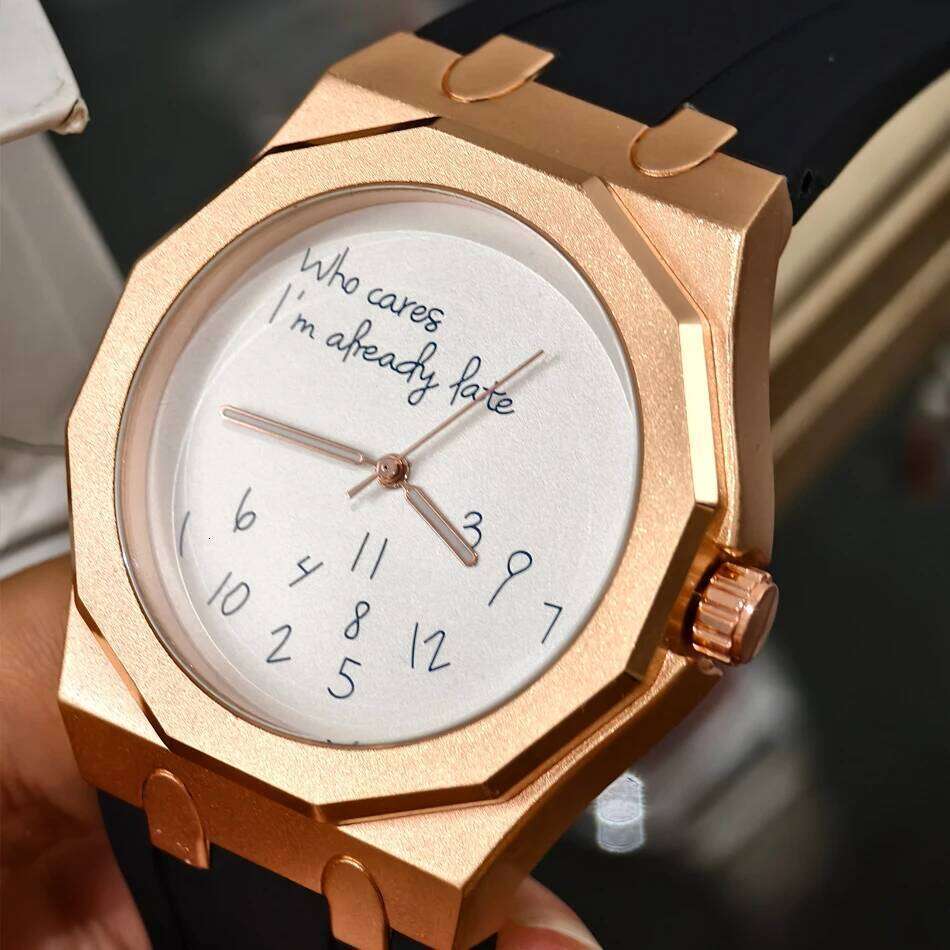 Luxury Octagon Case Men's Silicone Strap Waterproof Wristwatch "Who Cares I'm Already Late" Fun Slogan Dial Watch 26Y0512