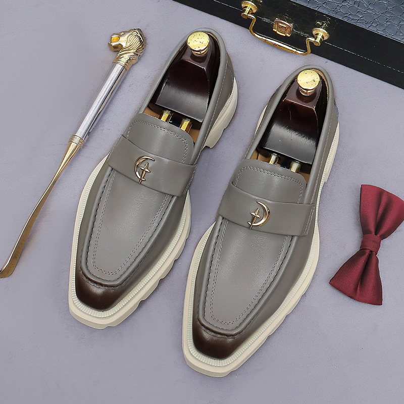 Men's Beige Leather Loafers Platform Thick Sole Slip-On Dress Shoes Moon Star Metal Buckle Casual Business Footwear - view 3